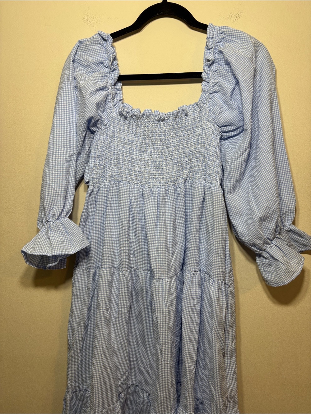 Smocked Square-Neck Midi Dress in Light Blue Gingham